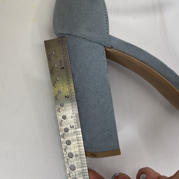 1510-Merona Women Blue Suede Open Toe Ankle Strap Stacked Chunky Heels - Picture 6 of 11